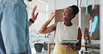 Creative agency, high five and people in meeting, tablet and glass wall for news report publication. Gesture, woman and journalist in office, tech and celebration for subscription growth or agreement