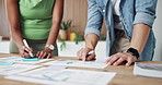 Business people, hands or meeting with documents for planning, strategy or ideas in office. Teamwork, employees or colleagues writing with paperwork, graph or chart for project review in workplace