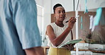 Design, tablet and business woman writing on a board for brainstorming ideas, planning or goal. Discussion, creative people and technology for notes on project, scrum and problem solving in office