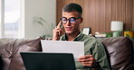 Happy man, laptop and phone call with document on sofa in home for finance advice or insurance plan. Male person, talking and reading with mobile smartphone for financial report or budget discussion