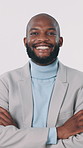 Business, crossed arms and face of black man in studio with pride, confident or career ambition. Corporate, entrepreneur and portrait of happy person for financial job opportunity on white background