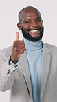 Happy, black man and face with thumbs up in studio for good job on a white background. Portrait, male person or African businessman with smile, like emoji or yes sign for approval, OK or success