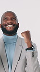Happy, black man and winning with fist pump in studio for business success on a white background. Excited, businessman and celebration with smile for salary bonus, good news or company promotion
