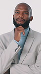 Thinking, business and black man in studio with idea for investment deal, solution and growth. Corporate, white background and person with inspiration, planning and thoughtful for financial venture