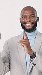 Face, pointing and businessman advertising in studio for recruitment ad, hiring info or opportunity. Happy recruiter, black person and marketing on white background for job offer, vacancy or about us