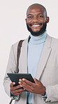 Business, tablet and face of black man in studio for online trading, stock market and investment. Corporate, portrait and person on tech for finance news, research and website on white background