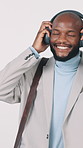 Business, happy and black man with headphones in studio for music, good mood and positivity. Corporate, professional and person listen to audio, podcast or radio for stress relief on white background