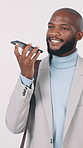 Voice note, business and black man in studio for talking, phone call and audio message. Corporate, entrepreneur and person on smartphone for recording, online reminder and chat on white background