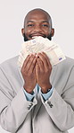 Happy, black man and face with money fan in studio for financial freedom on a white background. Portrait, businessman or smile with paper, cash or wealth for finance, lottery win or profit investment