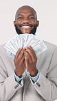 Excited, black man or face with money fan in studio for financial freedom on a white background. Portrait, businessman or happy with paper cash or wealth for finance, lottery win or profit investment