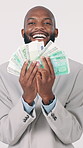 Happy, businessman and face with money fan in studio for financial freedom on a white background. Portrait, black man or smile with paper, cash or wealth for finance, lottery win or profit investment