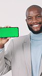 Happy, black man and face with phone screen in studio for marketing on a white background. Portrait, businessman or African user with smile, thumbs up or mobile smartphone display for advertising