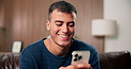 Texting, happy or man on couch with phone, digital conversation or checking notification on dating app. Smile, typing or person in house with tech, connection or romance match on online platform.