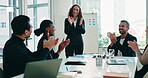 Applause, paper or people in meeting for presentation, financial plan or performance trends for budget. Cost cutting project, speaker or stakeholders with report for money optimization, clap or smile