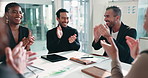 Applause, meeting and business people in office with documents for investment approval with teamwork. Happy, clapping hands and financial advisors with paperwork for finance report in workplace.