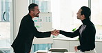 Contract, discussion and business people with handshake in office, partnership and negotiation for closing deal. B2b alliance, shaking hands and men with agreement for collaboration, smile or talking