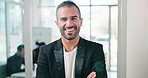 Happy, professional and face of businessman in office with confidence for finance career. Smile, crossed arms and portrait of male financial manager with pride for about us at workplace in Australia.