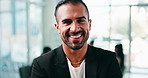 Smile, about us and face of businessman in office with confidence for finance career. Happy, professional and portrait of male financial manager with pride for company at workplace in Australia.