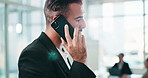 Phone call, investor and man in office, talking and digital app for communication, internet and negotiation. Financial advisor, chatting and person in workplace, smartphone and speaking to contact