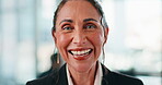 Happy, face or mature woman in office with smile, pride or ambition as investment advisor. Laugh, portrait or financial consultant in agency with confidence, career or experience in risk management.
