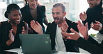 Business people, team or applause with laptop in office for financial success, profit or achievement. Computer, happy group and clapping in meeting for investment goal, celebration and excited