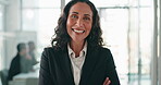 Smile, face or woman in office with arms crossed, pride or ambition as investment advisor. Portrait, meeting or mature finance director with confidence, career or experience in risk management.