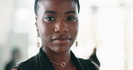 Happy, professional and face of black woman in office with confidence for finance career growth. Smile, pride and portrait of African financial manager with company about us at workplace in Nigeria.