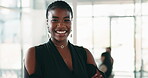 Finance, face or black woman in office with arms crossed, pride or ambition as funding advisor. Portrait, meeting or investment consultant with laugh, confidence or experience in risk management.