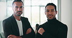 Businessman, team and face with arms crossed at office with pride, happy or financial services at company. People, broker and advisor for collaboration, smile or asset management at investment agency