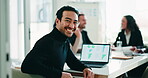 Face, meeting and man with laptop screen in boardroom, investment planning and performance review. Confident, financial advisor and team with computer for risk assessment, smile and data analysis