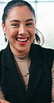 Business, face and laughing with woman in office for excited reaction to good news or success. Arms crossed, funny and joy with happy employee person in professional workplace for opportunity