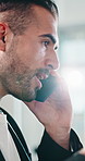 Speaking, negotiation or businessman with phone call in office, planning venture or investment advice. Lens flare, discussion or financial advisor with steps for wealth development, contact or mobile