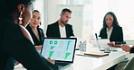 Finance, meeting and business people with laptop, analysis and discussion for graphs in office. Documents, teamwork and conversation with manager, growth strategy or project report for accounting
