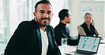 Face, meeting and happy man with laptop screen in boardroom, investment planning and performance review. Confident, financial advisor and team with pc for risk assessment, research and data analysis
