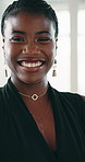 Face, smile and black woman in office with pride, marketing job or creativity for career development. Happy, female person and confidence in advertising agency with satisfaction, growth and about us.