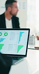 People, meeting and data analysis in office with laptop screen, research or finance stats for audit. Team, talk or collaboration in workplace with computer, planning or graphs for financial strategy.