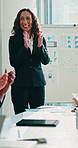 Applause, finance and presentation with business people in boardroom together for workshop success. Feedback, review of data charts and whiteboard with employee team clapping in financial office