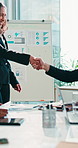 Applause, handshake or people with presentation in meeting, business growth strategy or pitch validation. Clapping, recognition or team shaking hands for sales development proposal, praise or smile