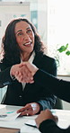 Handshake, laughing and meeting with business people in office together for agreement or deal. B2B, contract and funny with employee team shaking hands in boardroom of workplace for partnership