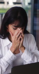 Frustrated, woman and stress with laptop in office for project deadline, pressure or eye strain. Female person, employee or headache with migraine on computer for mental health, fatigue or burnout