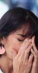 Frustrated, woman and stress with headache in office for project deadline, pressure or eye strain. Female person, employee or mistake with migraine on computer for mental health, fatigue or burnout