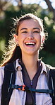 Face, hiking and woman in forest, funny and fitness for health benefits, backpacking and journey. Bokeh, hiker and  person in woods, laughing and trekking for wellness, smile and explore in Canada