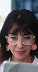 Glasses, thinking and tablet with business woman in office for reflection, planning or vision. Perspective, online review and idea with mature employee in agency for brainstorming and inspiration