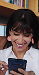 Smile, smartphone and woman in coffee shop, typing and digital app for social media, texting and laughing. Customer, happiness and mature person in cafe, funny meme and cellphone for online humor