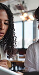 Planning, tablet and barista or people in cafe for hospitality, digital inventory and restaurant supply checklist. Research, catering review and small business owner with manager in coffee shop