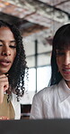 Planning, laptop and barista or women in cafe for hospitality, digital inventory and restaurant supply checklist. Research, catering review and small business owner with manager in coffee shop