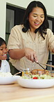 Lunch, happy and serve with woman and family outdoor for bonding, eating and connection. Holiday celebration, healthy food and love with people in backyard of home for care and dining table