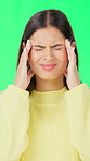 Stress, green screen and woman with headache, pain and brain fog on studio background. Temple massage, tension and person, with migraine, mental health and pressure with anxiety, frustrated and dizzy
