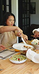 Lunch, serve and help with woman and family outdoor for bonding, eating and connection. Holiday celebration, healthy food and love with people in backyard of home for care, chicken and dining table