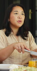 Lunch, talking and serve with woman and family outdoor for bonding, eating and connection. Holiday celebration, healthy food and love with people in backyard of home for care and dining table